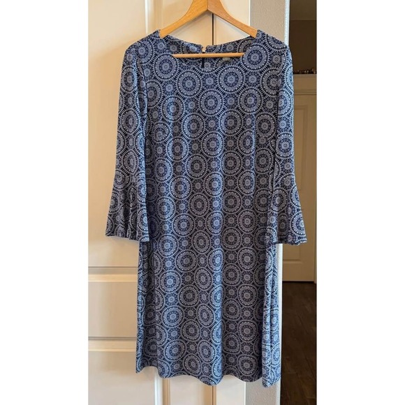 Tommy Hilfiger Medallion Print Scoop Neck Navy White Bell Sleeve Dress-Size 12 - Picture 7 of 10